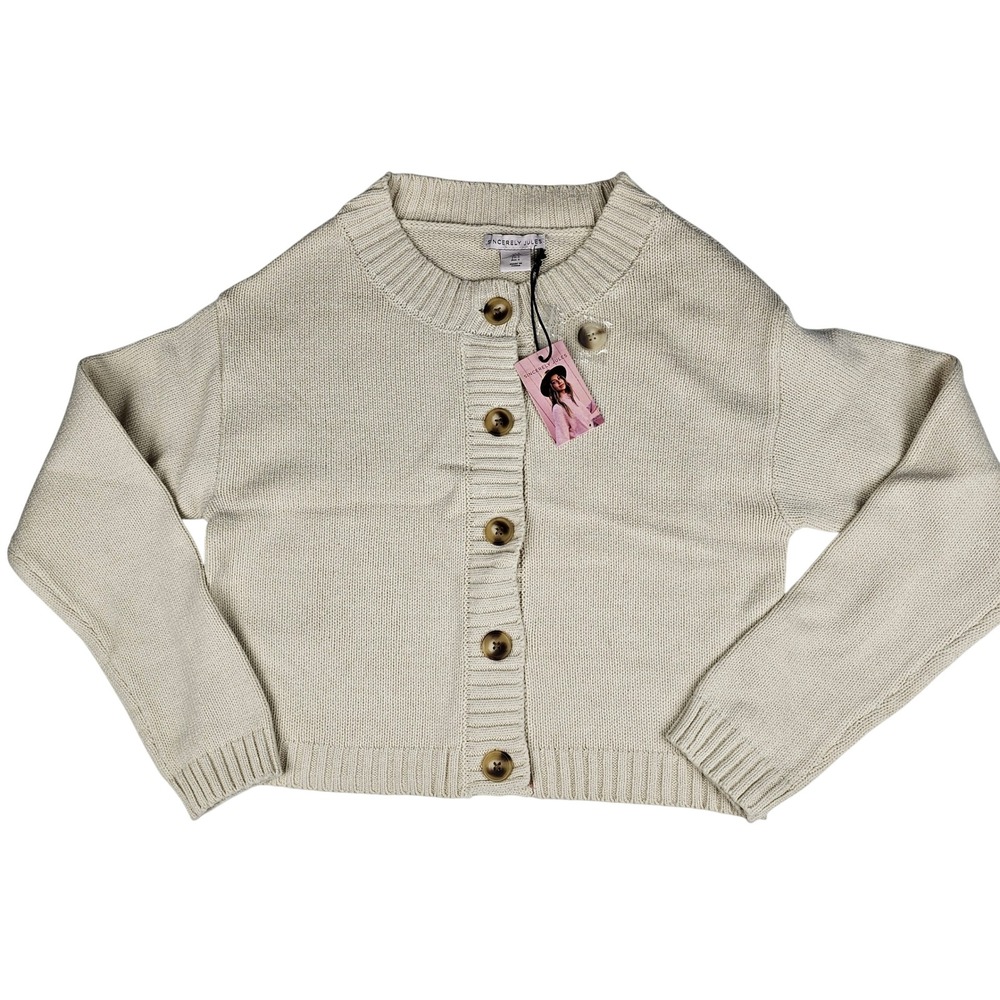 Sincerely Jules Women's Cream Cropped Button Front Knit Cardigan Sweater Small